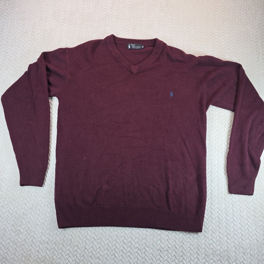 Polo Ralph Lauren Mens XL Burgundy 100% Cashmere V-Neck Sweater Blue Pony Logo